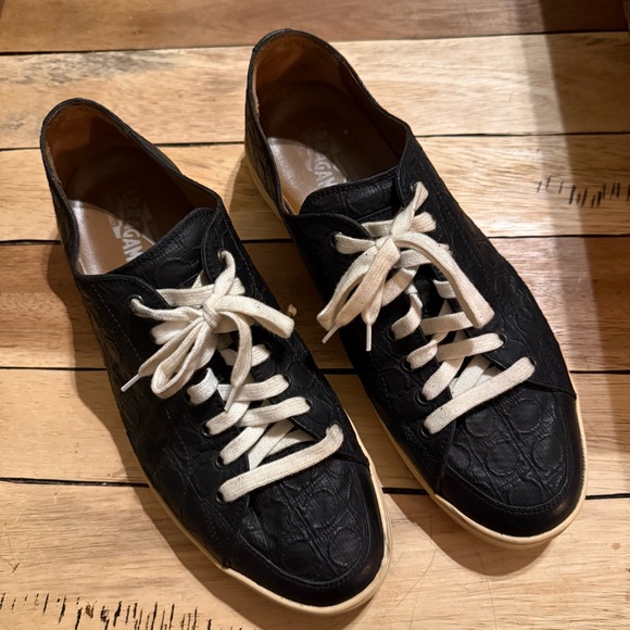 Salvatore Ferragamo Mens 10.5 Sneakers Black Gancini Embossed Leather Shoes